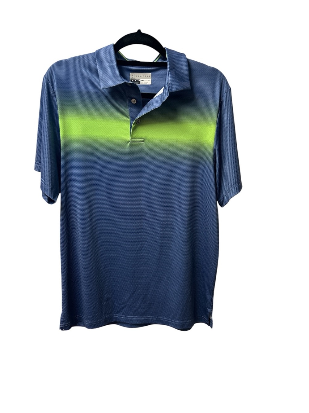 PGA Tour Blue Polo with Neon Lime Chest Stripe